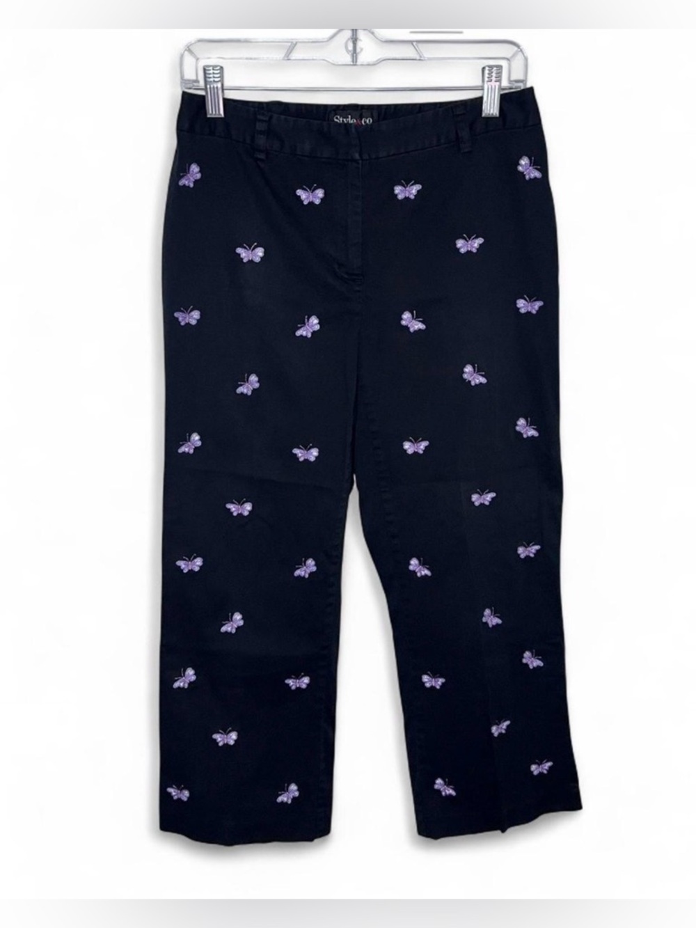 Women’s Black Cropped Pants Lavender Butterfly Embroidery Size 6 Ankle Pants